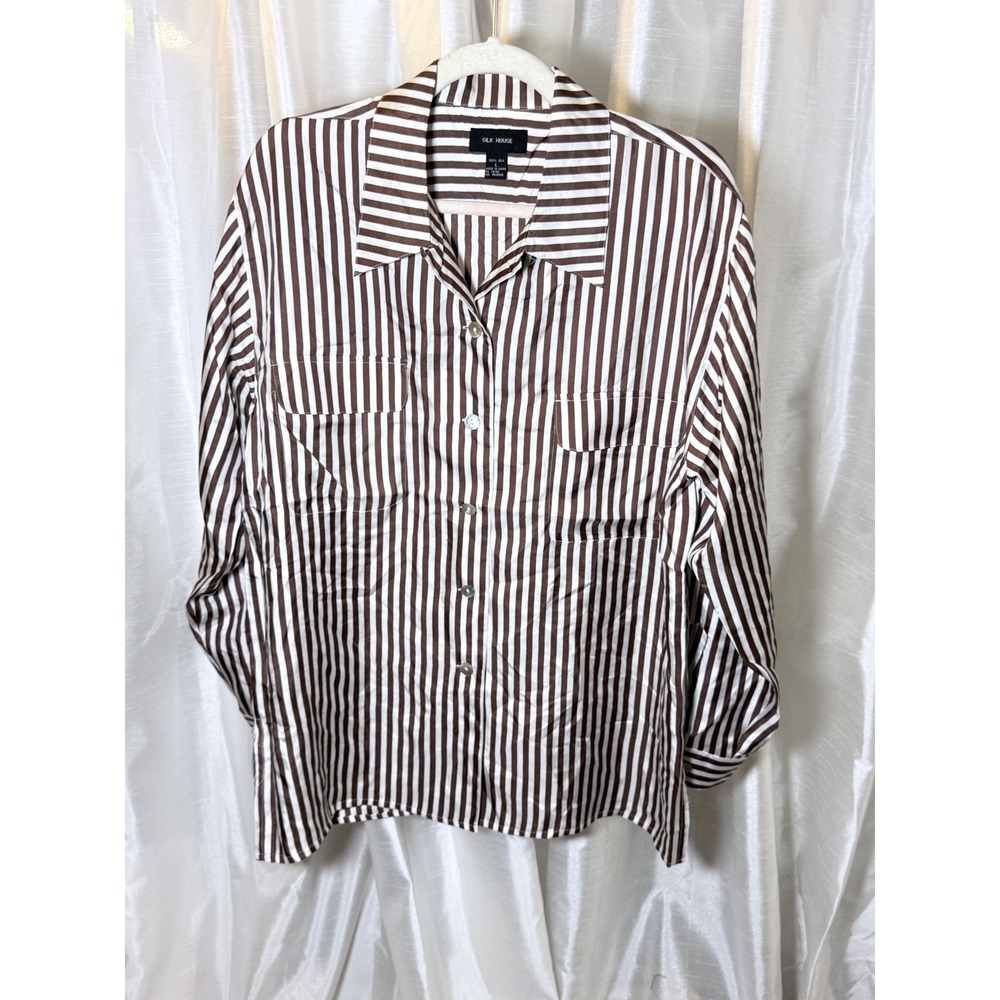 Silk House Button Down Women L Brown Striped 100% Silk Long Sleeve Pocket Top